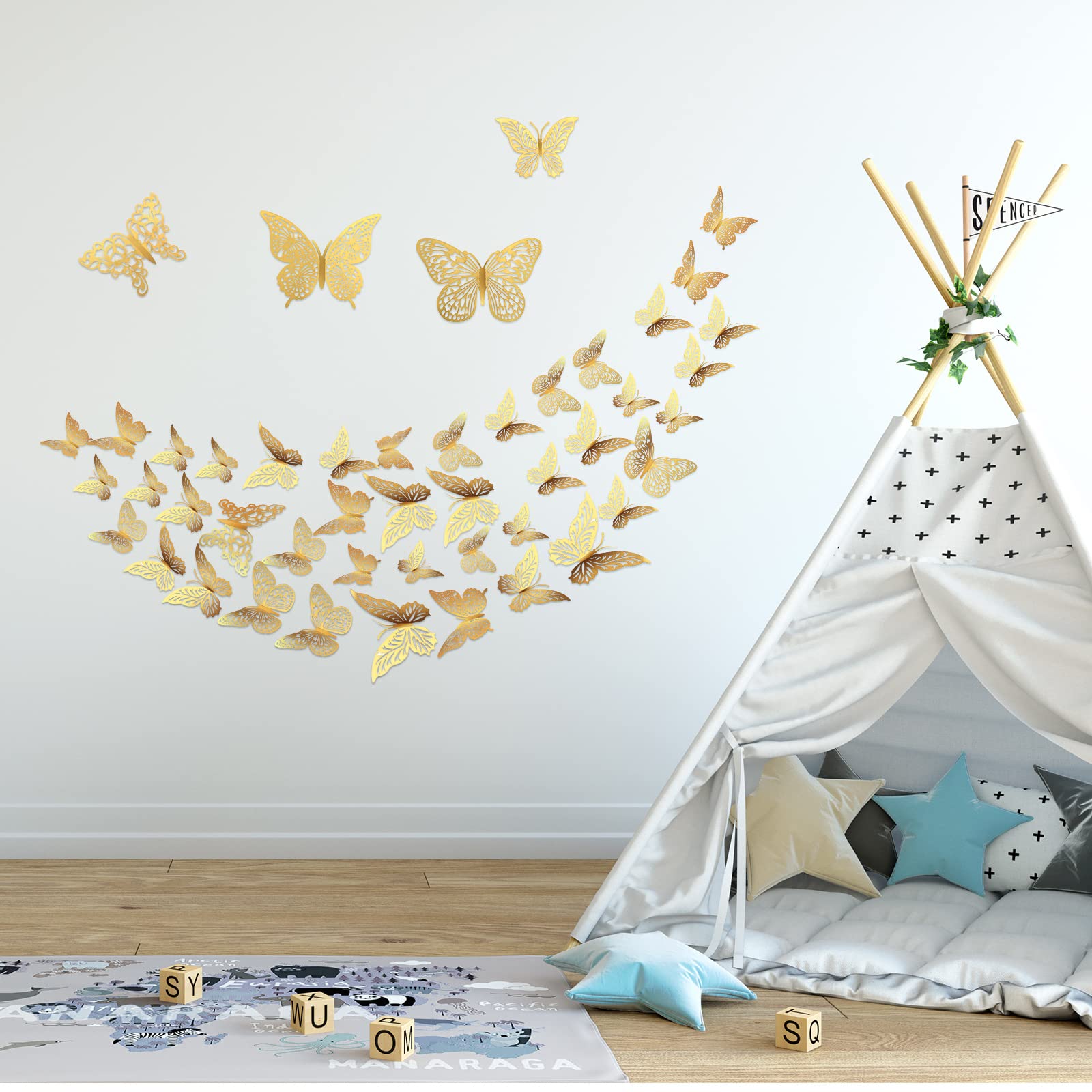 3D Gold Butterfly Decorations Butterflies Stickers, XUNXMAS 48Pcs 4 Styles 3 Sizes Butterfly Wall Decor Party Birthday Cake Decorations, Removable Stickers Decals for Mirror Kids Room Bedroom Wedding