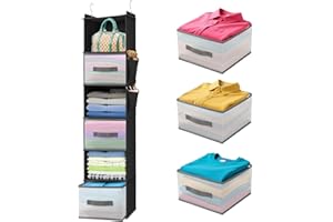 BIEBOS 6-Tier Hanging Closet Organizer with 3 Drawers and Side Pockets – Multi-Functional Storage for Shoes, Belts, Purses, and Clothing