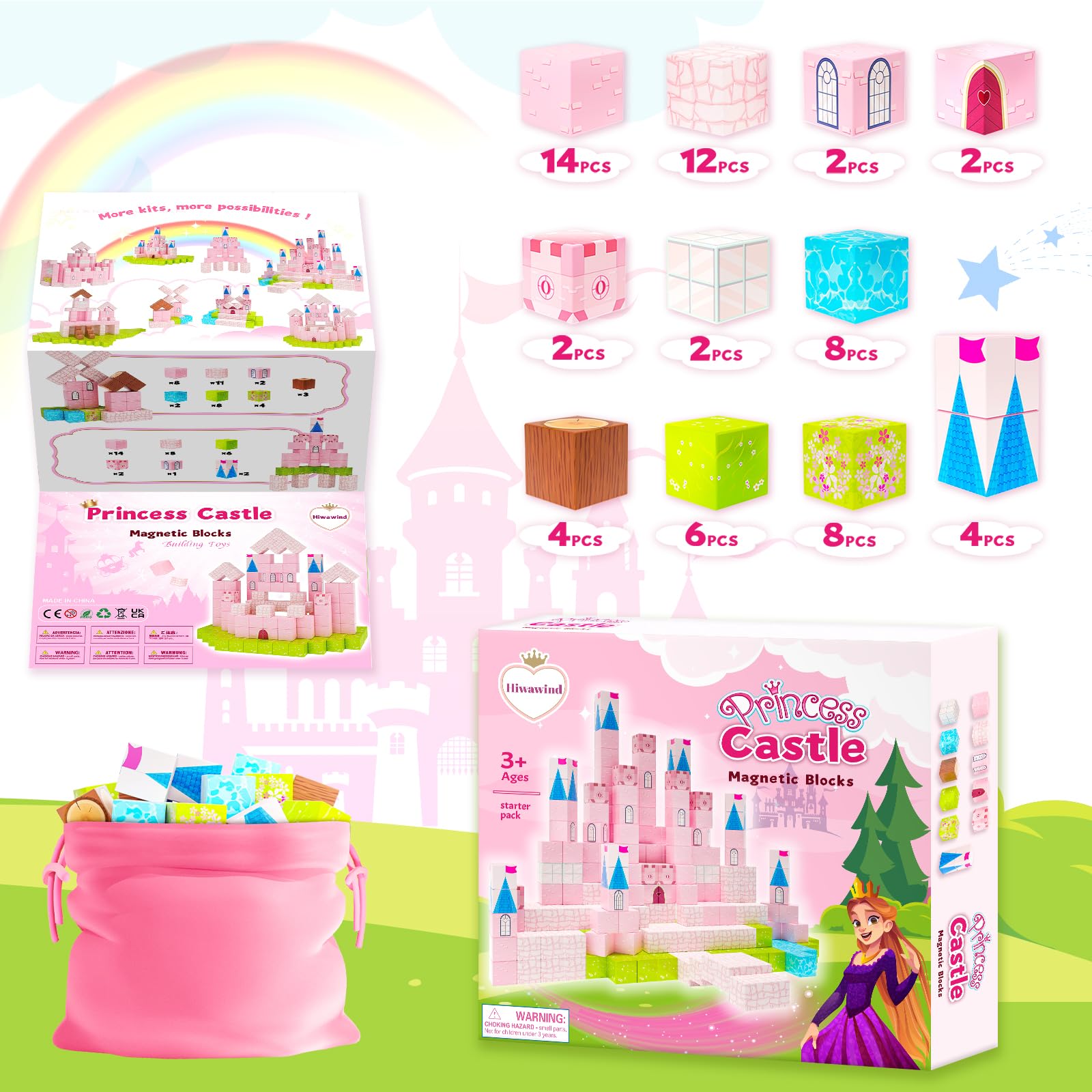 Hiwawind 64 Pcs Magnetic Blocks-Princess Castle Collection World,Magnetic Building Blocks for 3+ Year Old Boys & Girls, Creative STEM Sensory Toys,Christmas Birthday Gifts for Kids Ages 3-8