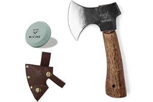 WICING Hatchet, 8 Inches Small Hand Axe 1065 Manganese Steel and Beech Wood Handle with Leather Sheath