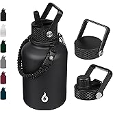 BJPKPK Insulated Water Bottles with Straw Lid, 50oz Large Water Jug, Stainless Steel Vacuum Bottles, Hot & Cold Thermo with 3 Lids and Paracord Handle, Black
