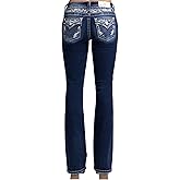 Miss Me Women's Feathered Logo Embellished Faux Flap Pockets Mid-Rise Bootcut Jeans