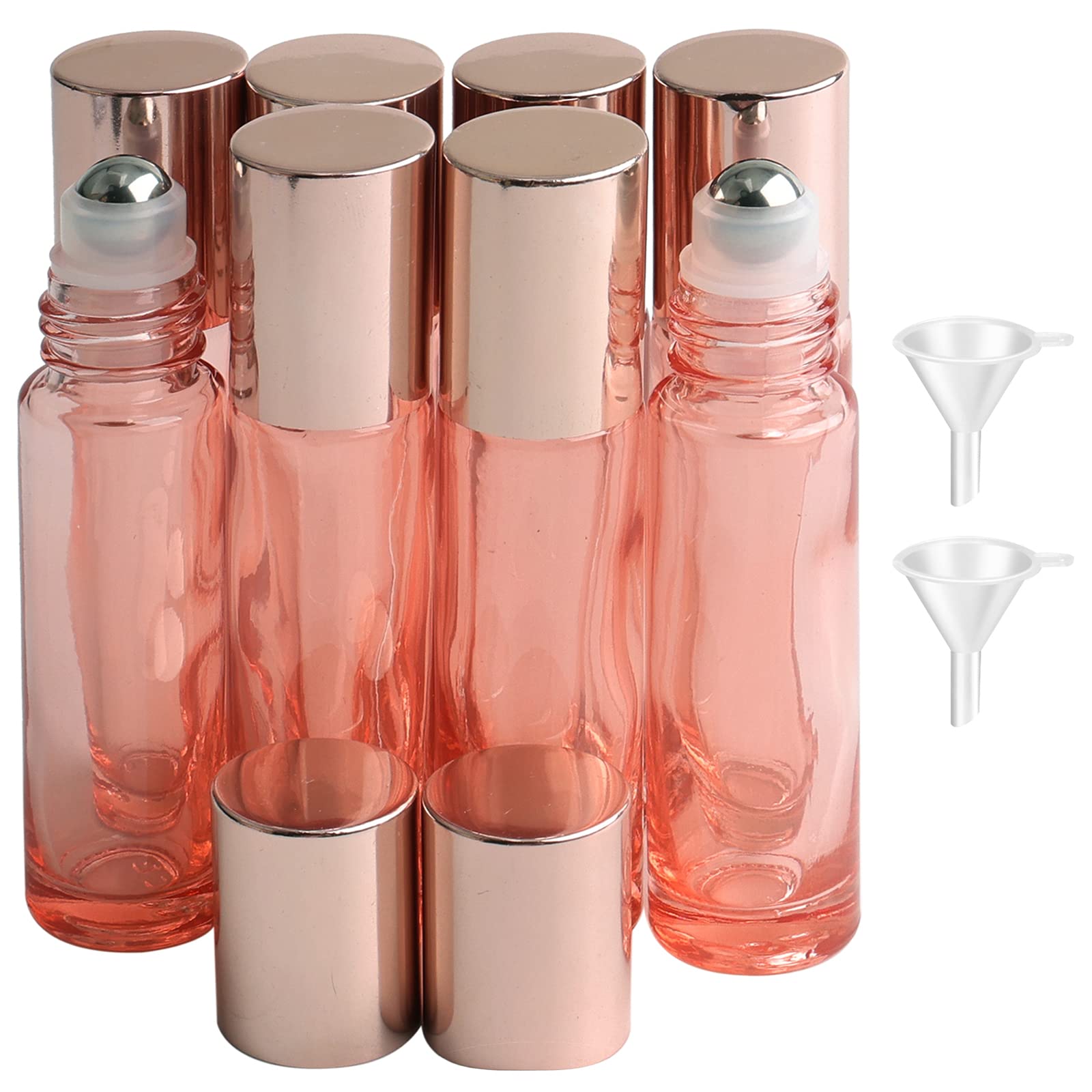 Rowiz 8Pcs Roller Bottles Set, 10ml (1/3 oz) Roller Bottles, Glass Roll-on Bottles Vials for Perfumes Aromatherapy Essential Oils Liquid, Rose Gold
