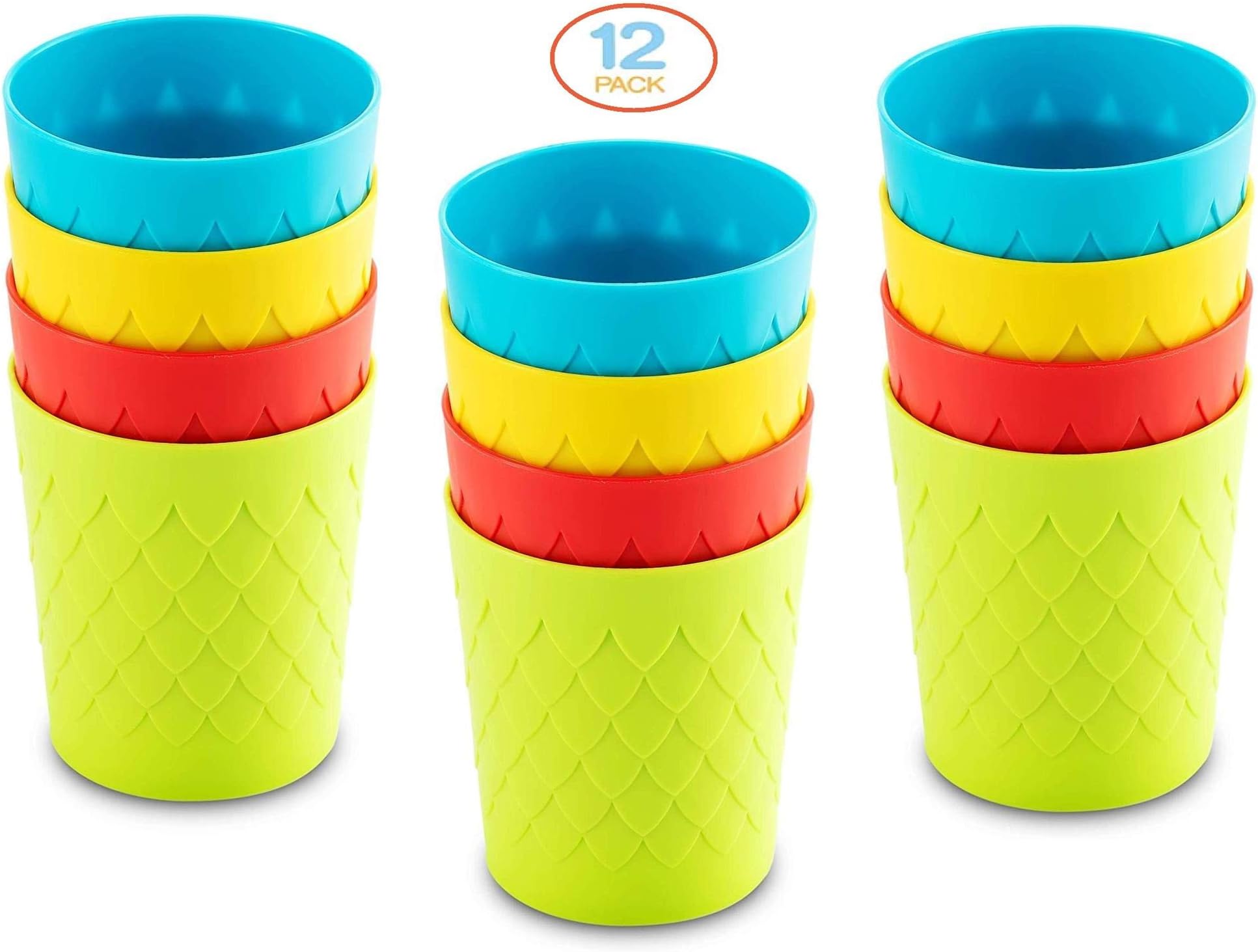 Plaskidy Kids Cups, Set of 12 Kids Plastic Cups, 8 oz Plastic Cups, Unbreakable, Reusable Cups, Dishwasher Safe, BPA-Free, Great Cups for Kids Bright Colored Kids Tumblers