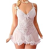 SOLY HUX Women's Floral Lace Mesh Sheer Lingerie Set Babydoll Lingerie Dress Chemise Nightgown with Thong