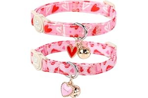 UP URARA PUP Cat Collar, 2Pack Valentine's Day Kitten Collars Cute Breakaway Cat Collar with Bell, Red Love Heart Pink Hearts Kitty Collars Adjustable Size for Girl and Boy Cats