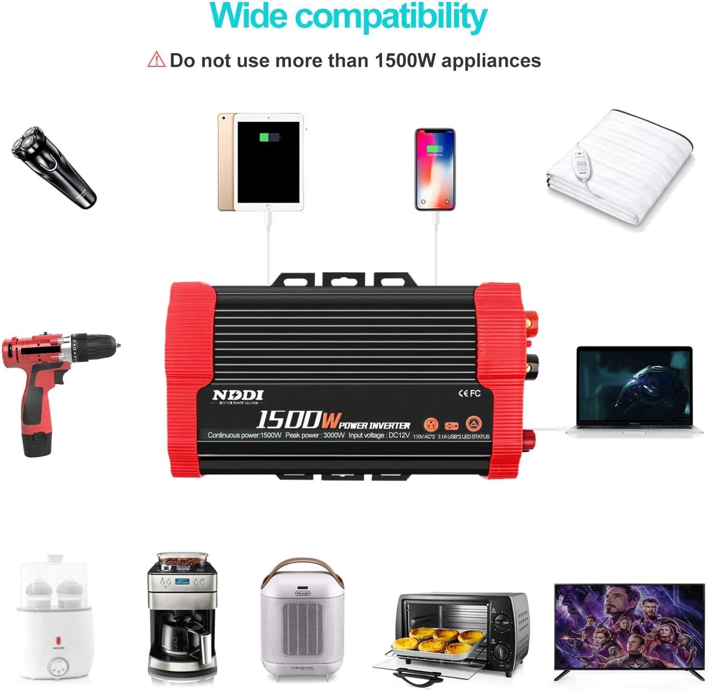 NDDI 1500W Car Power Inverter 12V DC to 110V AC Car Converter Charger Adapter with Dual 3.1A USB Port and AC Outlets Quick Charging: Automotive