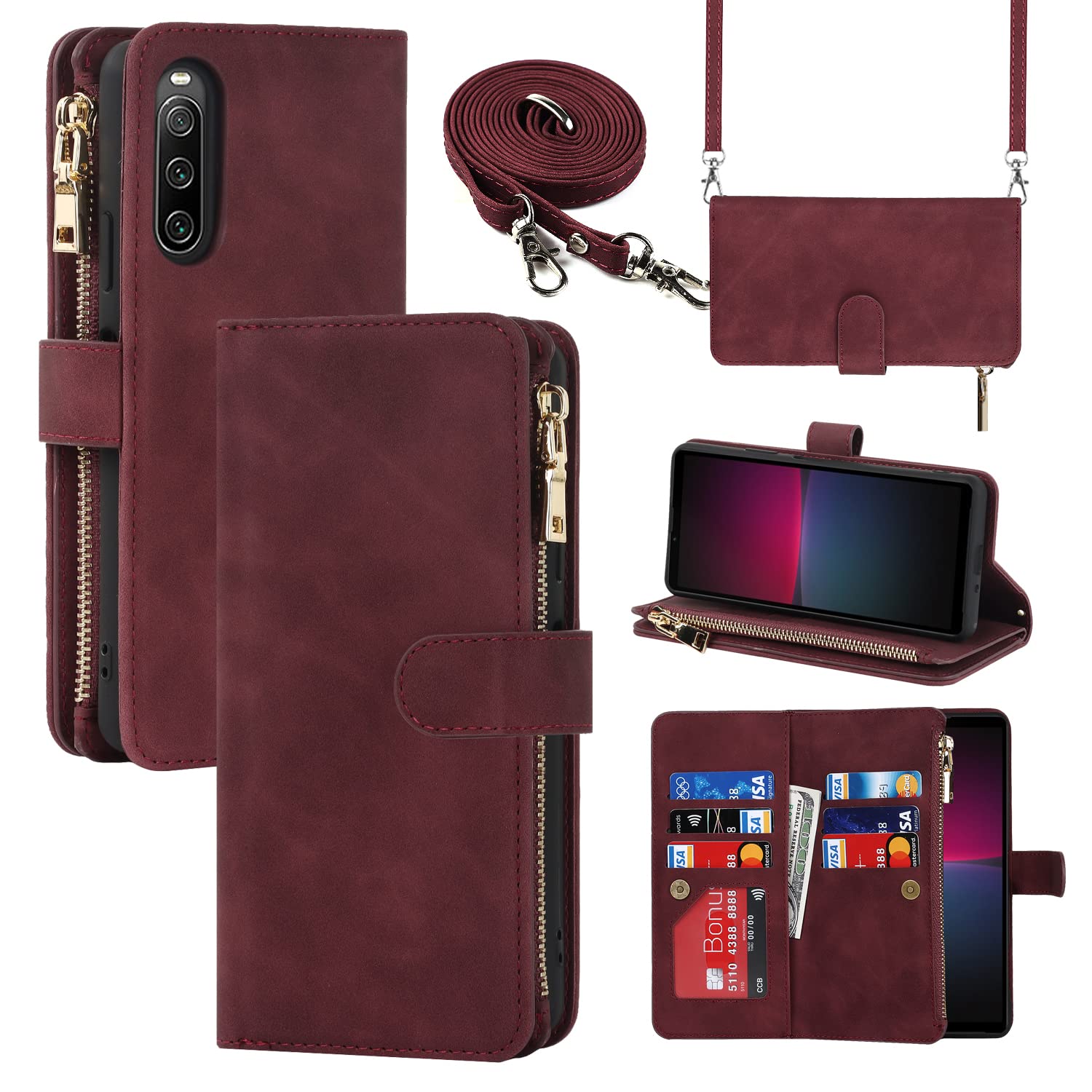 Cavor Phone Case Compatible with Sony Xperia 10 IV Case With Card Holder With Strap,Flip Leather Wallet Case,[9 Card Holders][Zipper Pocket],Crossbody Cover Case for women - Red