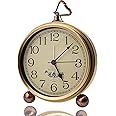 Justup Golden Table Clock, Retro Vintage Non-Ticking Table Desk Alarm Clock Battery Operated Silent Quartz Movement HD Glass for Bedroom Living Room Indoor Decoration Kids (Arabic)