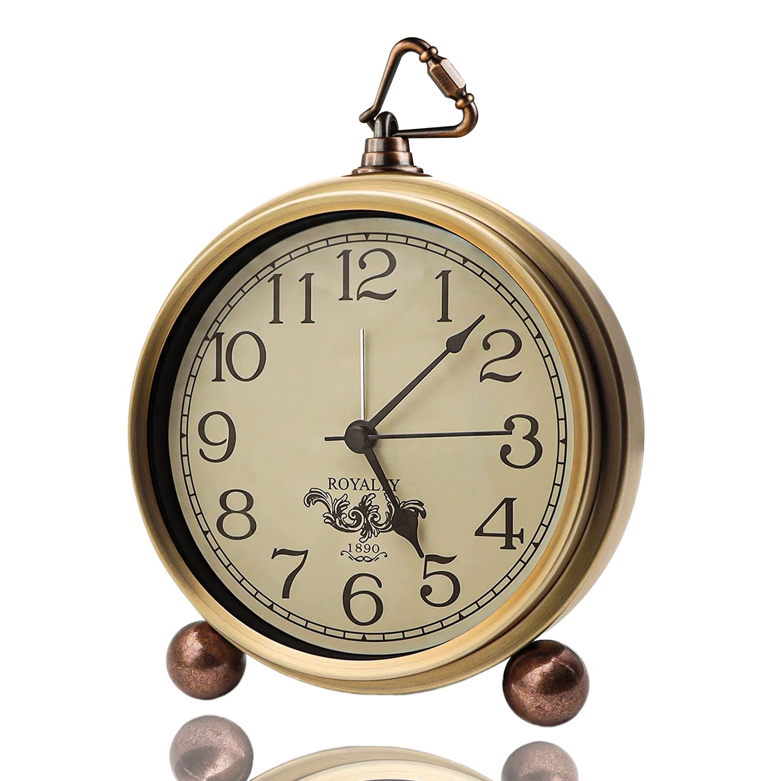 JUSTUP Golden Table Clock, Retro Vintage Non-Ticking Table Desk Alarm Clock Battery Operated Silent Quartz Movement HD Glass for Bedroom Living Room Indoor Decoration (Arabic)