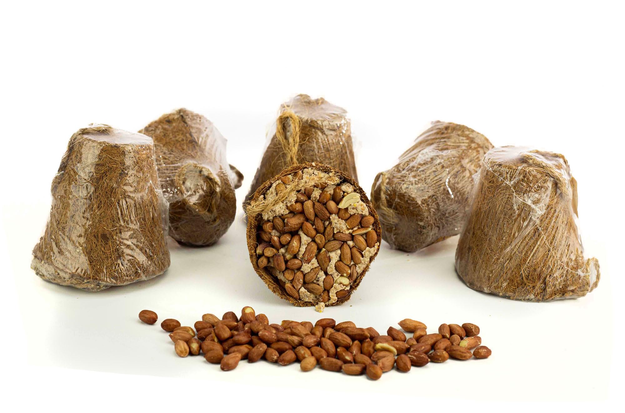 6 x Chubby Suet Filled Coconut Coir Fibre Bell- Topped with Peanut, Wild Bird Coconuts Halves Hanging, Coconut Wild Bird Feeder Halves Hanging (Peanut)