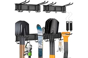 Tool storage wall organizer, wall-mounted hook holder for heavy garden tool organization and storage, 32-inch wall-mounted to