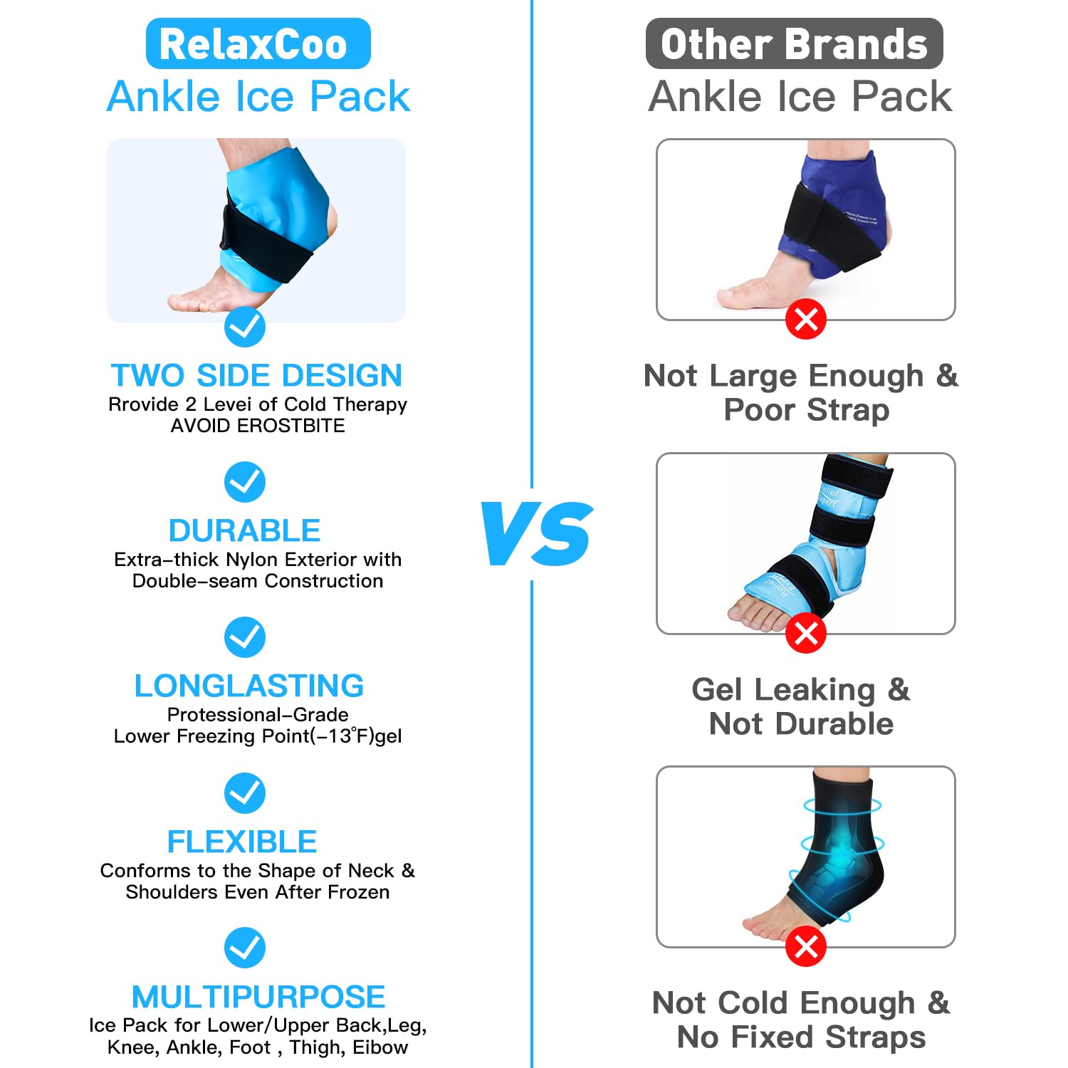 RelaxCoo Ankle Ice Pack Wrap for Swelling, Reusable Gel Ice Pack for Ankle Injuries, Cold Compress Therapy for Foot Pain Relief, Achilles Tendonitis, Plantar Fasciitis, Sprains