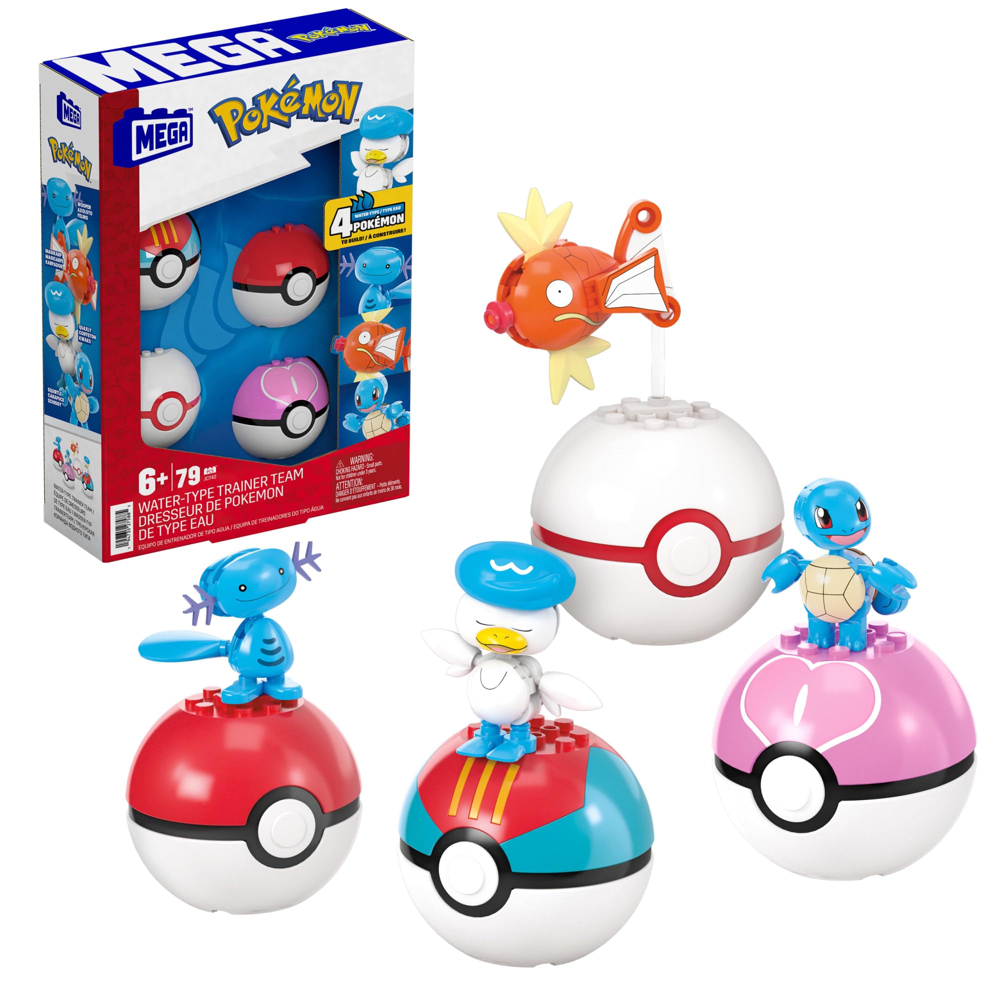 MEGA Pokémon Action Figure Building Toys Set, Water-Type Trainer Team with 79 Pieces, 2 Inches Tall, for Kids