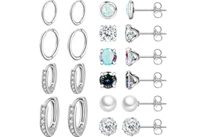 Nunpag 10 Pairs Stainless Steel Stud Earrings Colorful CZ Stud Earrings 20G Stud Earings 8mm 10mm Hoop Earrings Cartilage Earrings For Women Men