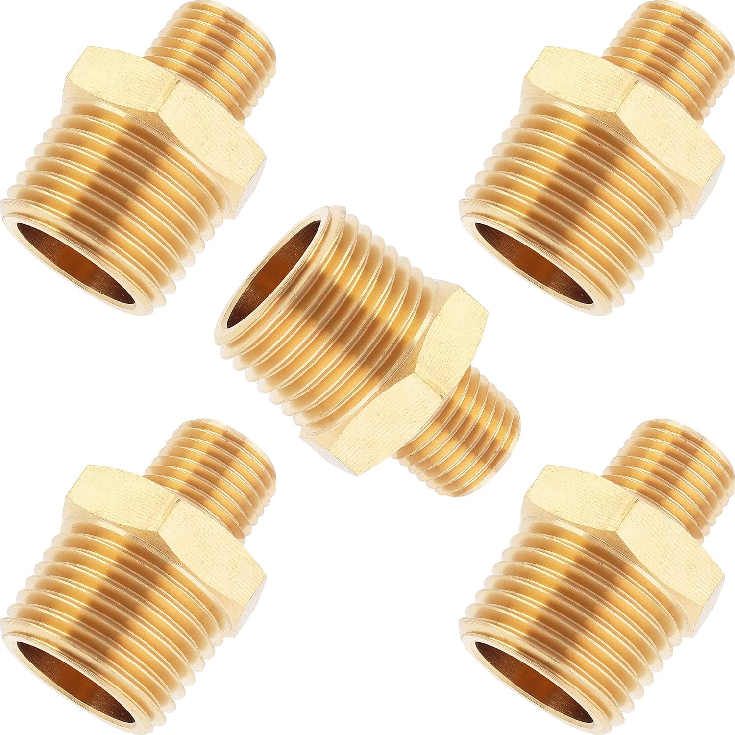 LTWFITTING Brass Pipe Hex Reducing Nipple Fitting 1/2-Inch x 1/4-Inch Male BSPT (Pack of 5)
