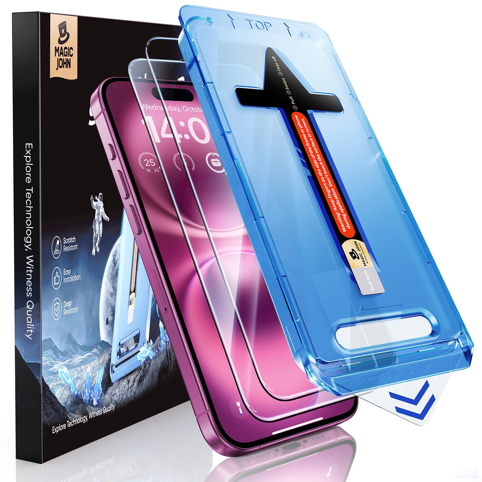MAGIC JOHN 2 Pack for iPhone 16 Plus Tempered Glass Screen Protector 6.7 inch, Auto Dust-Elimination Installation, Bubble Free, Dynamic Island Compatible, HD Clear, Easy Installation, Anti-Scratch