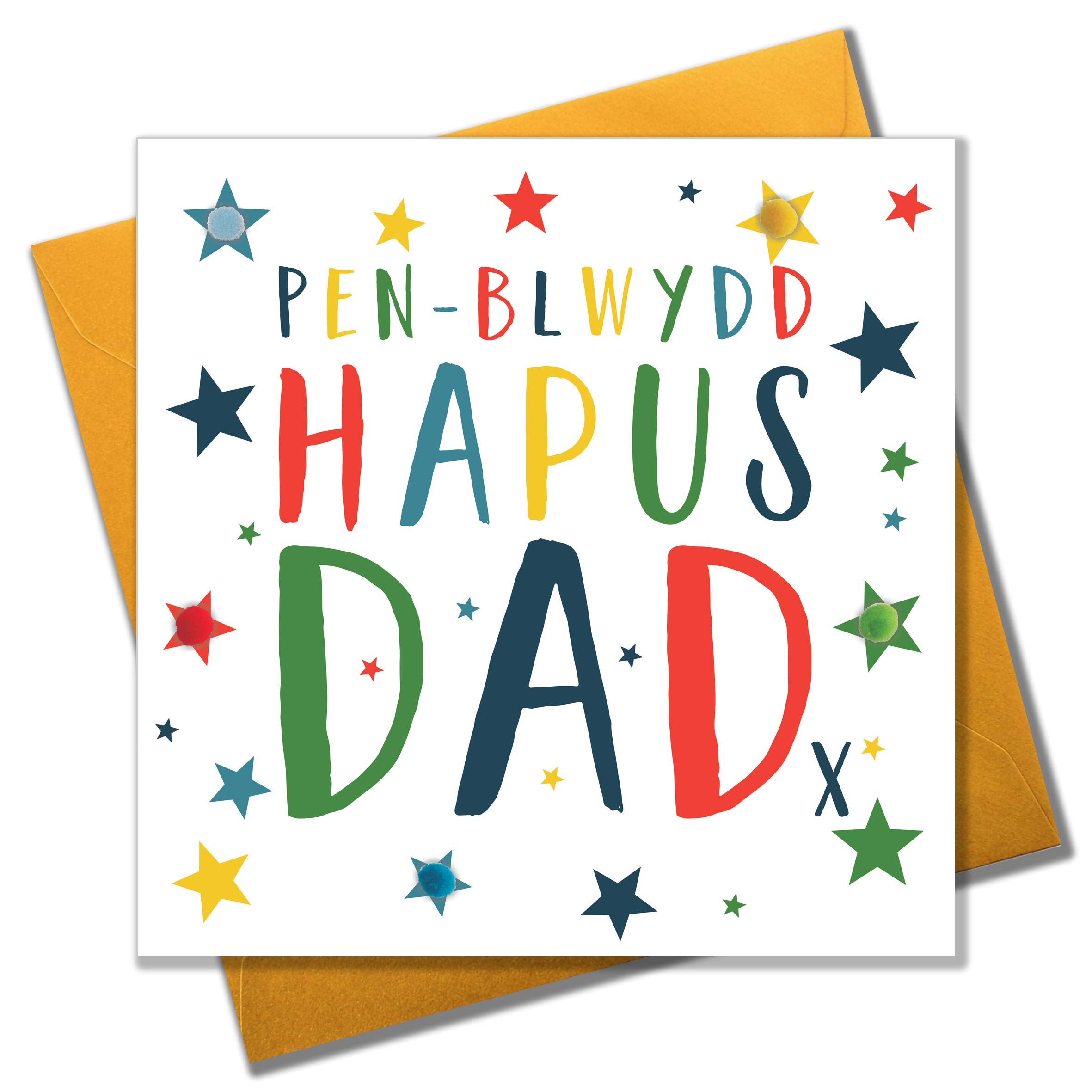 Claire Giles Greeting Cards, Welsh Happy Birthday Dad Card, Penblwydd Hapus Dad, Colour Stars design Birthday Greeting Card, Pompom Embellished