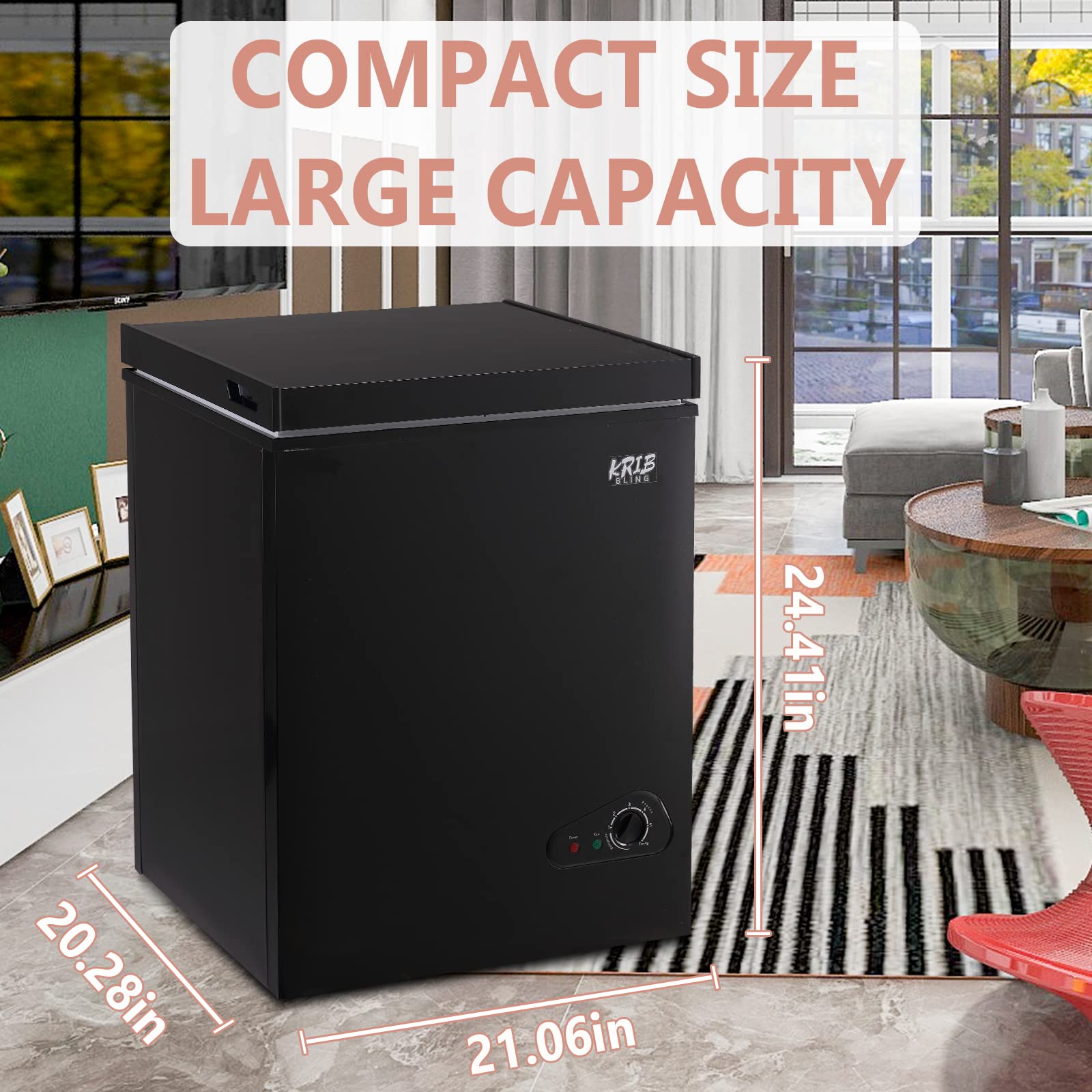 3.5 Cu.Ft Compact Chest Freezer with Removable Basket, Top Door Open Freestanding Deep Freezer with 7 Gears Temperature Adjustment, Ideal for Home, Kitchen & Office, Black (72Q)