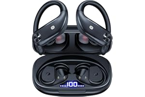 ZINGBIRD Wireless Earbuds Bluetooth Headphones 80Hrs Playback Sport Ear Buds with Digital Display Charging Case IPX7 Waterproof Headsets with Earhook Over Ear Earphones for TV Cellphone Workout Running Black