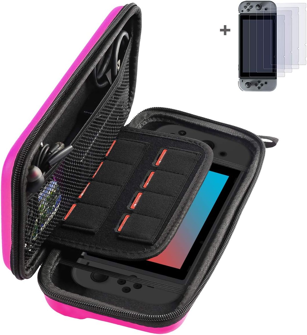AKWOX Replacement for Nintendo Switch Case, Waterproof Travel Carrying Protective Case 8 Game Holder + [4 Pack] Screen Protector Film Switch (Pink)
