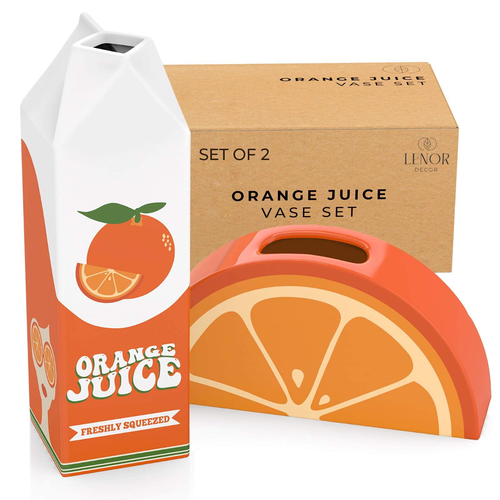 Lenor Decor Orange Juice Vase Set - Ceramic Carton and Sliced Orange Vases for Flowers. Funky Home Decor. Colorful Vintage Retro Weird Eclectic Groovy Cool Kawaii Room Decor