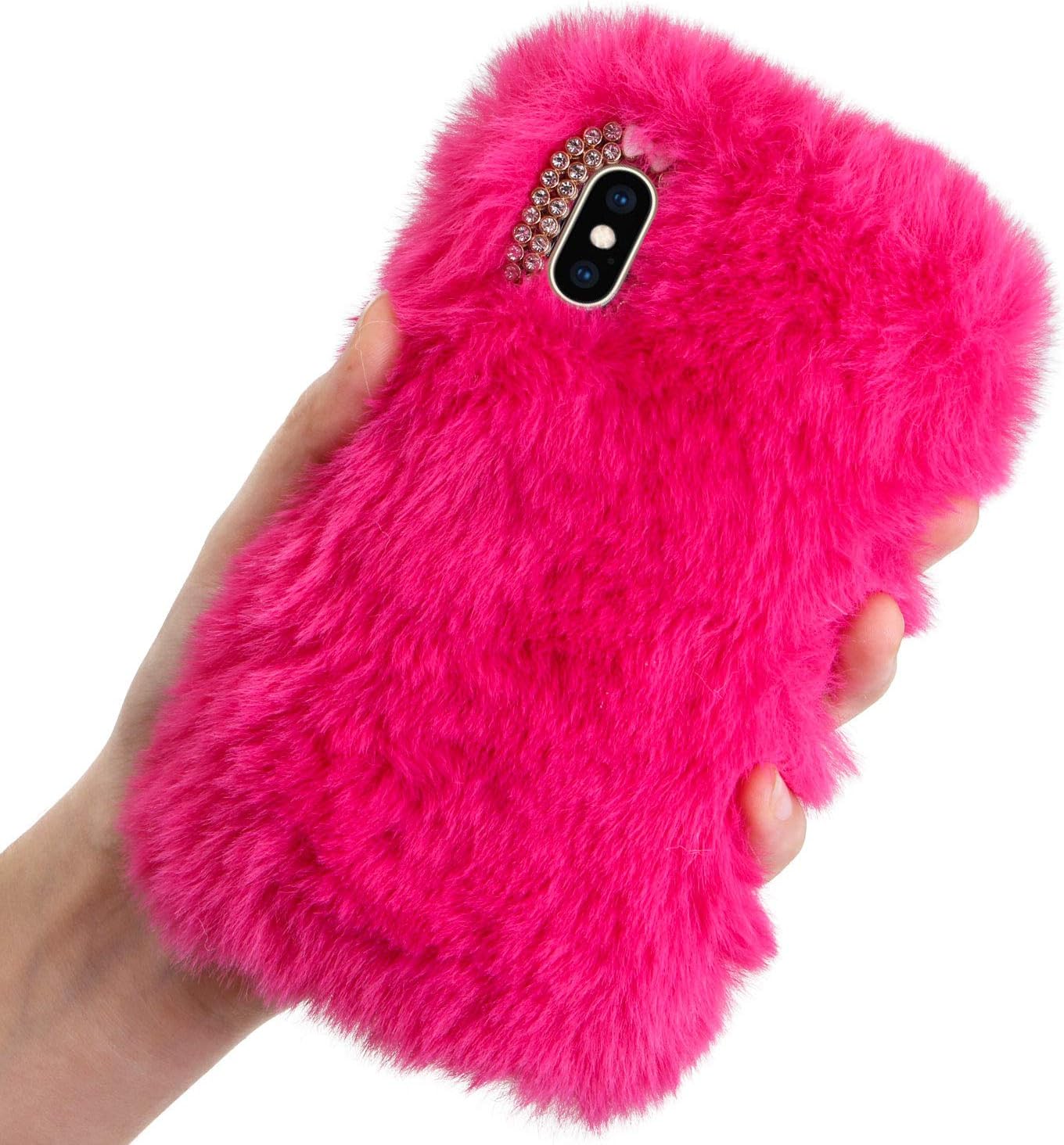 Plush Case for iPhone Xs Max 6.5 2018 Rabbit Fur Case,LCHDA iPhone Xs Max Bunny Furry Fluffy Fuzzy Phone Case for Girls Cute Winter Warm Soft TPU Back Case Cover with Luxury Diamond Bowknot-Rose Red