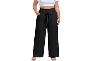 OLRIK Women's Plus Size Pants Adjustable High Waist Wide Leg Palazzo Casual Trousers with Pockets Spring Clothes