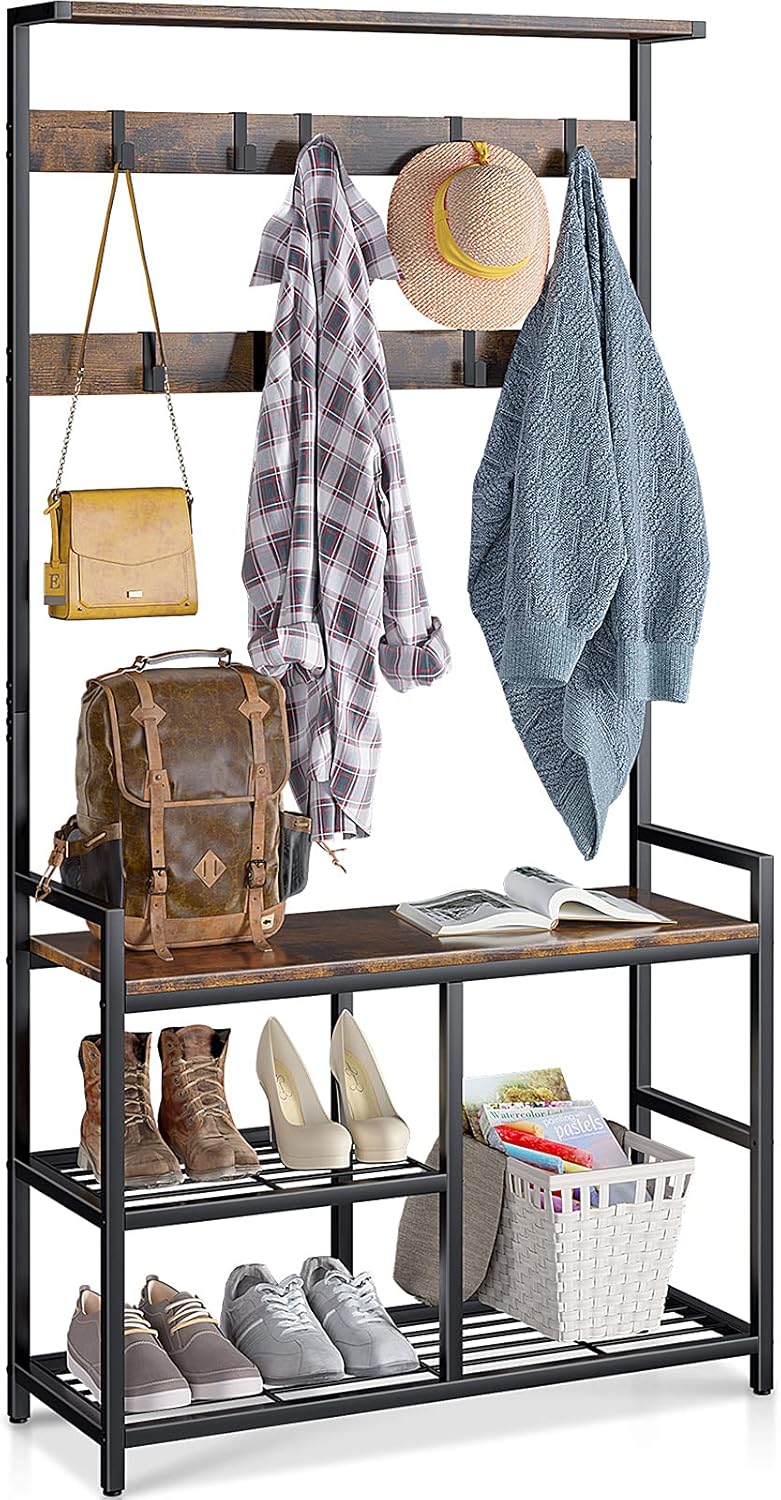 entryway shoe bench on Amazon Com Odk 3 In 1 Hall Tree Coat Rack And Shoe Bench Entryway Storage Shelves Multipurpose Furniture Organizer With Industrial Design Metal Frame Rustic Brown Home Improvement