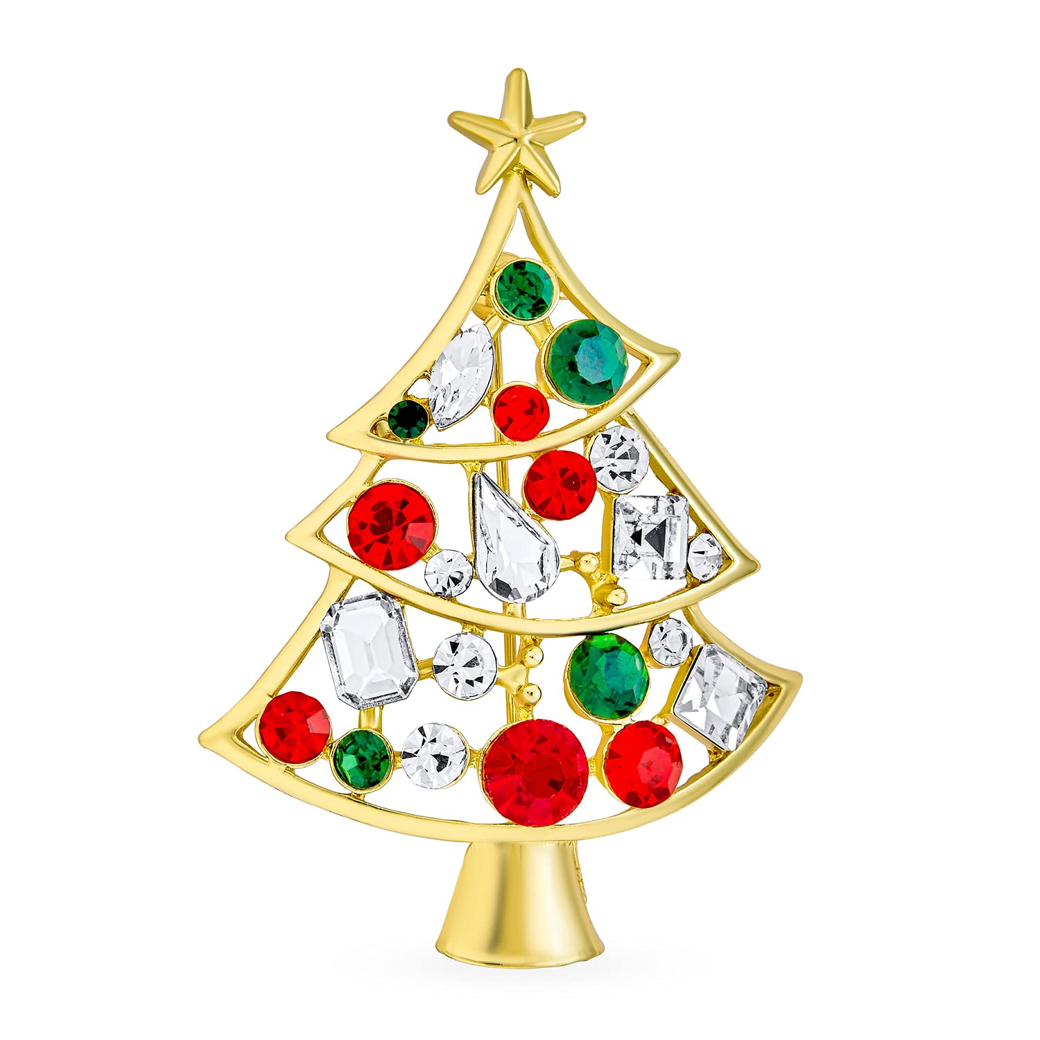 Sparkling Crystal White Red Green Fashion Large Statement Decorated Christmas Tree Scarf Brooch Pin For Women Yellow Gold Plated