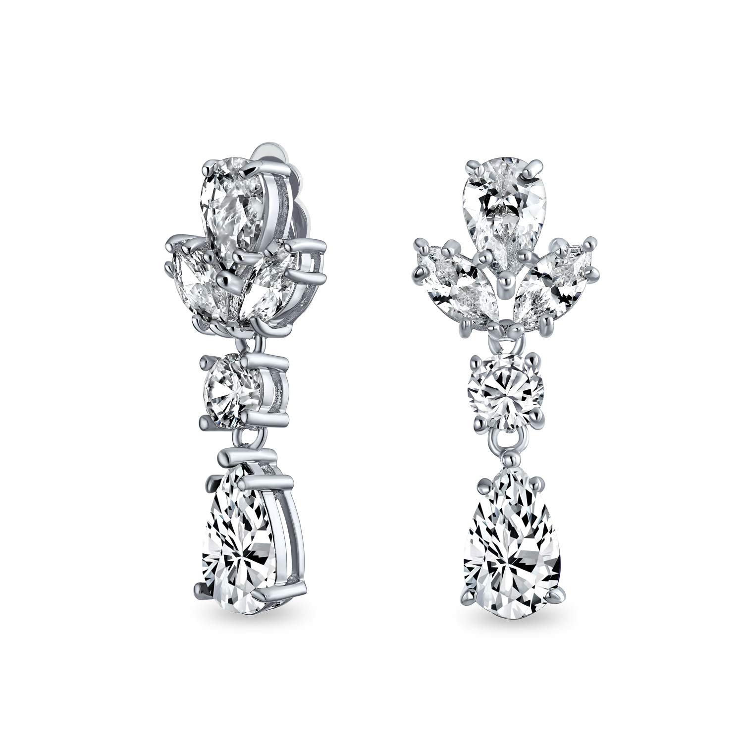 Vintage Art Deco Style Clear Cubic Zirconia AAA CZ Statement Dangle Formal Leaves Teardrop Chandelier Clip On Earrings Wedding Prom Silver Plated
