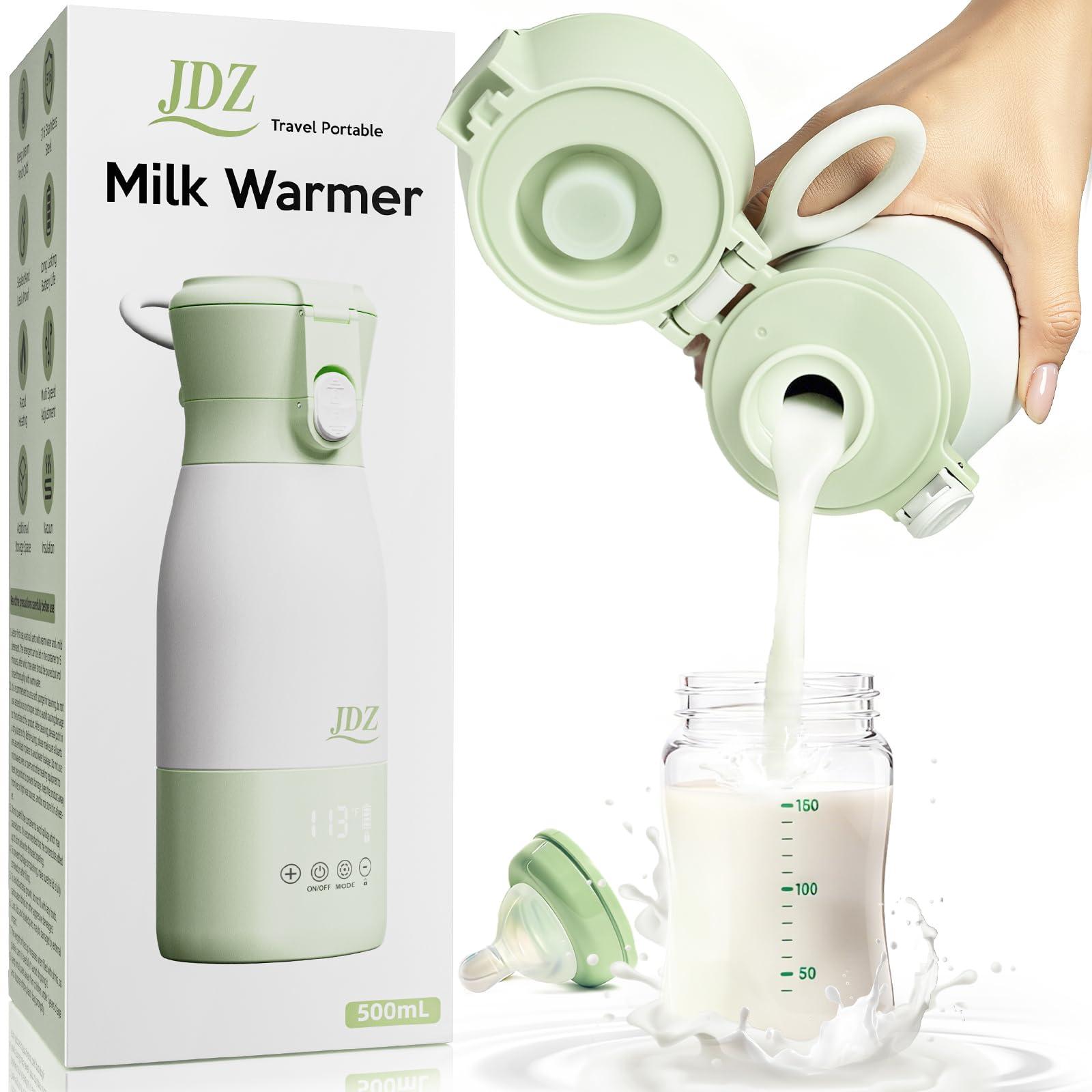 Photo 1 of JDZ Portable Bottle Warmer, 16000mAh Rechargeable Baby Bottle Warmer with 7 Temp Settings (113-167°F), Fast Heating 17oz 316 Stainless Steel Travel Milk Warmer for Breastmilk & Formula On the Go
