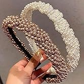WOVOWOVO Thin Pearl Headbands for Women, 2 Packs Non Slip Hairbands Comfortable Boho Head Bands for Long and Short Hair, Braided Pearls Headband Hair Accessories