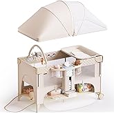 kingobabys 4 in 1 Baby Bassinet,Pack and Play,Bedside Crib Sleeper,Baby Bassinets Bedside Sleeper with Diaper Changer, Mosquito Net,Bottom Storage and Toy Bar for Newborn to Toddles (Beige)