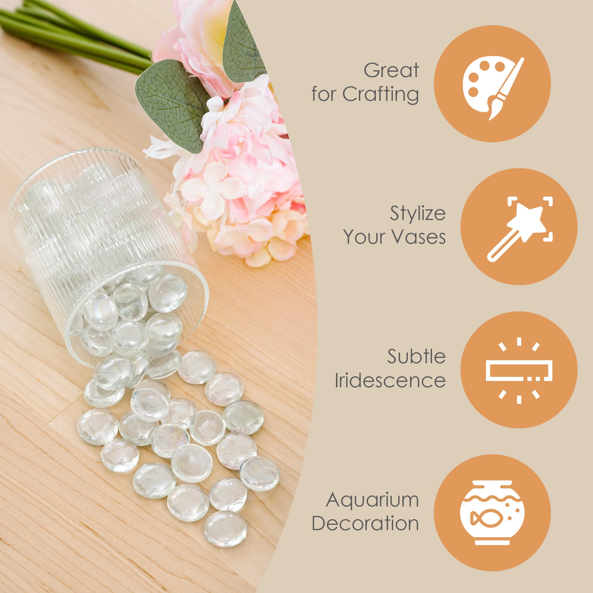 Houseables Glass Marbles, Glass Beads for Vases, Marbles for Vases, 5LB, 500-600, Clear Beads, Clear Gems, Fillers for Centerpieces, Decorative Rocks, Flat, Stones, Pebbles, Crafts, Plants, Fish Bowl