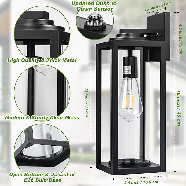 FILIYANO 16 INCH DUSK TO DAWN OUTDOOR WALL LIGHT – 2 PACK EXTERIOR WATERPROOF OUTSIDE LIGHTING, MODERN PORCH SCONCES, WALL MOUNTED FIXTURES, INDUSTRIAL ANTI-RUST MATTE BLACK LANTERN FOR FRONT DOOR