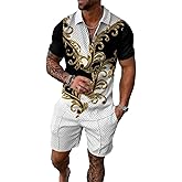 Kubsid Gold Black Whte Color Mixed Paisley Pattern M Men Track Suits 2 Piece Set Summer Casual Outfits Fashion Polo Shirts Short Sleeve and Shorts Set Vacation Clothes