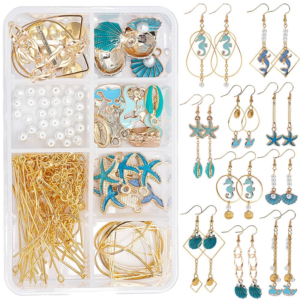 SUNNYCLUE 1 Box DIY 10 Pairs Summer Ocean Dangle Earring Making Kit Hawaii Enamel Mermaids Seahorses Starfish Shell Charms Brass Geometric Links for Jewellery Making kits Supplies Women DIY Craft