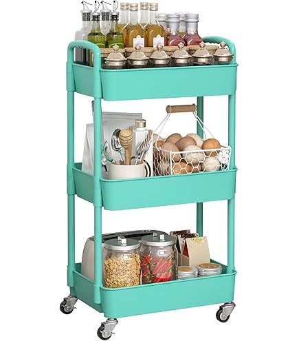 LEUCHTAMOR 3-Tier Plastic Rolling Utility Cart With Handle, Multi