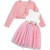 Mestown Little Girls Dress and Cardigan Set 2 Piece Floral Print Tulle Sleeveless Princess Dress and Long Sleeve Ruffle Shrug