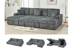 Comfort Stretch Oversized Sectional Sleeper Sofa with Pull Out Bed,Dual Storage Chaise,3 Pillows U Shaped 6 Seat Fuzzy Rabbit Plush Large Modular Sectional Sofa Bed for Living Room,122 Inch,Deep Gray