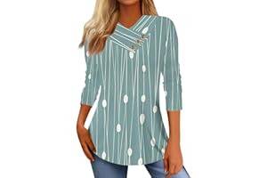 OSMUAL Summer Tops for Women Buttons Neck 3/4 Sleeve Shirt Printed Trendy Patchwork Blouses Tees