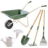 ROBUD Kids Wheelbarrow with Gardening Tools Set, Educational Kids Gardening Set with Kid Wheelbarrow, Toddler Gardening Set, Watering Can, Plant Labels, for Ages 3+ Boys Girls(Green)