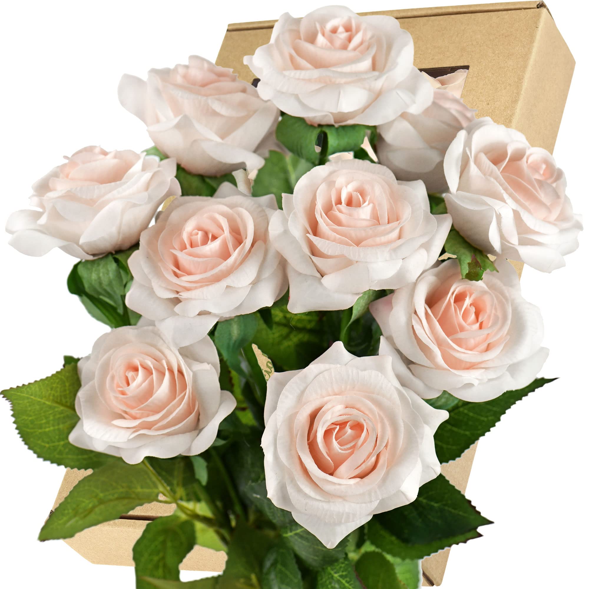 FiveSeasonStuff 10 Stems Real Touch Roses Artificial Flower Silk Roses ‘Petals Feel and Look like Fresh Roses' Bouquet of Flowers Floral Arrangements (Rose Champagne)