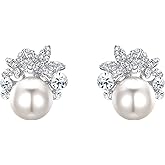 EVER FAITH Wedding Stud Pierced Earrings for Bride Bridesmaids, Crystal Simulated Pearl Vintage Stunning Bridal Floral Leaf Great Gatsby Jewelry for Prom