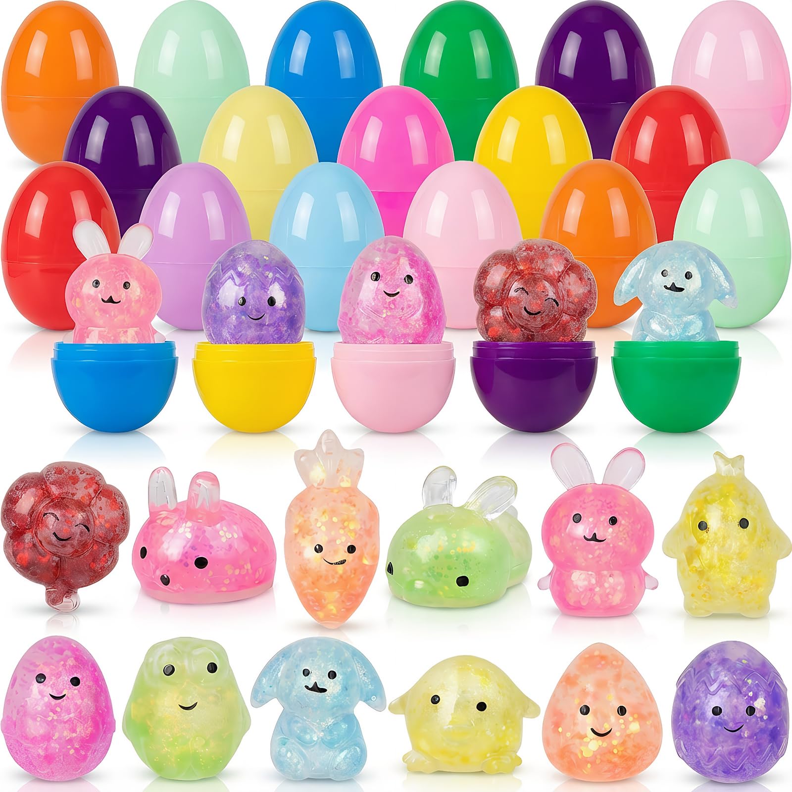 Menzcci 12 Pack Easter Stress Balls Toys Squishy Squeeze Toy with 12 Pcs Plastic Easter Eggs for Kids Boys Girls Toddlers Easter Basket Stuffers Party Favors Gifts