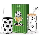 Reallnaive Soccer Lover Gifts, 16 oz Glass Iced Coffee Cup with Straw Stopper and Mug Sleeve, Sport Glasses Cup Gifts Box for Women Man Sport Lovers