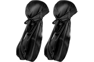 Qianyu 2 Pieces Designer Silky Durags Long Tail Ultra-Compressionn Breathable Premium Fabric for Women Men Premium Versatile Satin Deluxe Durag for Man 360 Wave Cap Ideal Gifts for Christmas Black