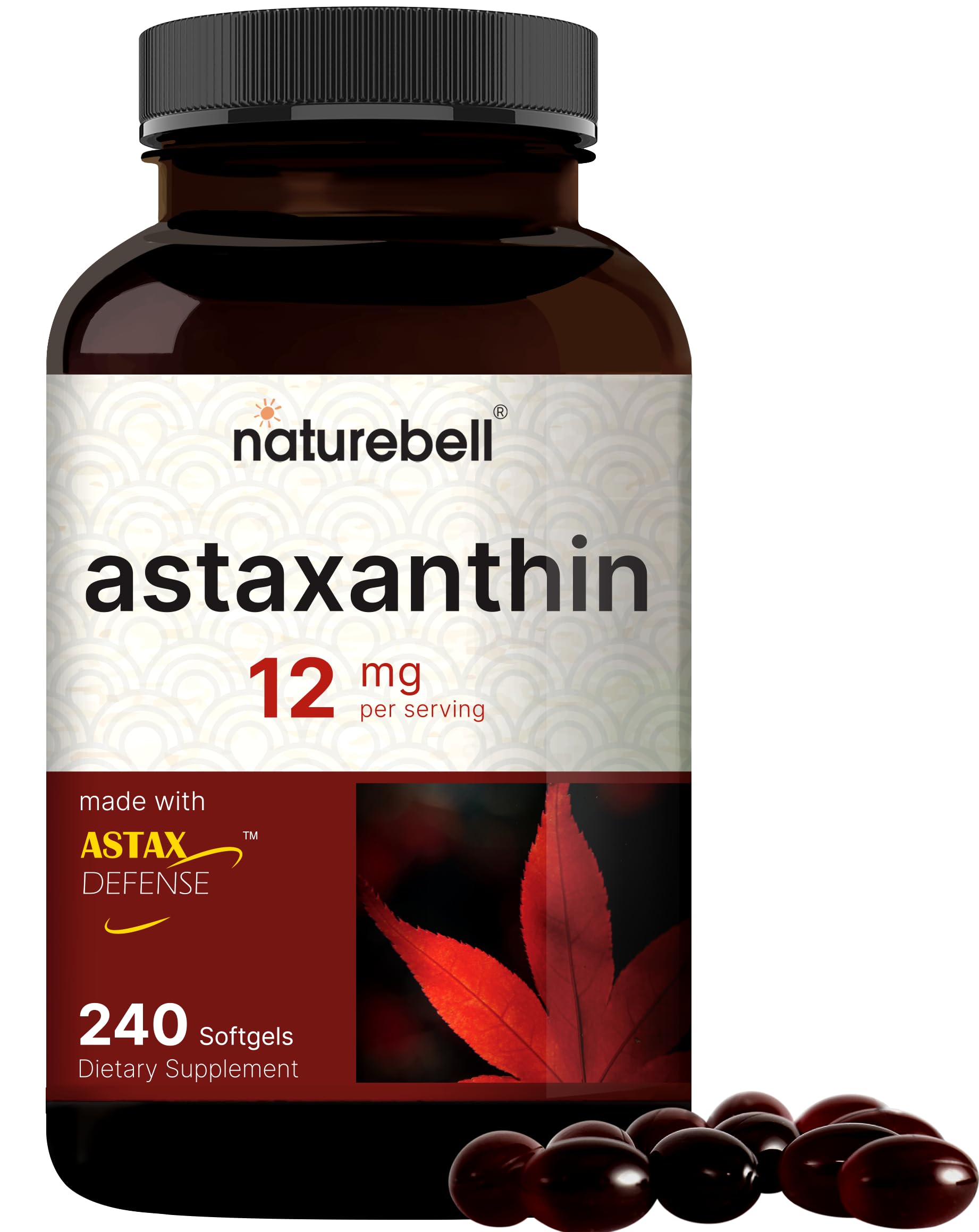 NatureBell Astaxanthin 12mg, 240 Softgels | Natural Antioxidant from Microalgae (AstaX) | Supports Eye, Skin & Cellular Health | Max Strength, 4 Month Supply | Non-GMO, Gluten Free