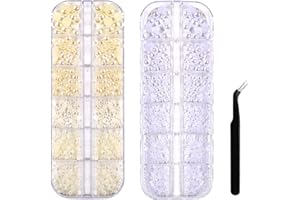 SNMZLC 2 Boxes Pearl Nail Charms 3D Nail Art Charm Flatback Half Round Pearls gems White Beige Mix Nail Pearls for Crafting Nail Art DIY Design Decoration US288 (White+Beige)